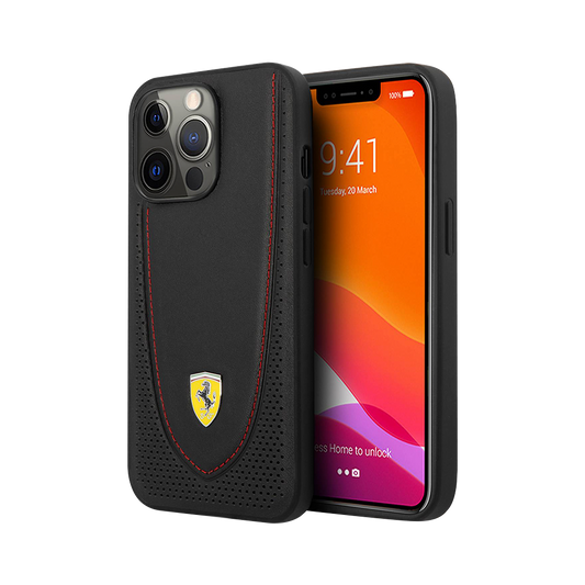 Ferrari HC Leather Stitched for iPhone 13 Pro Max Red Line Black