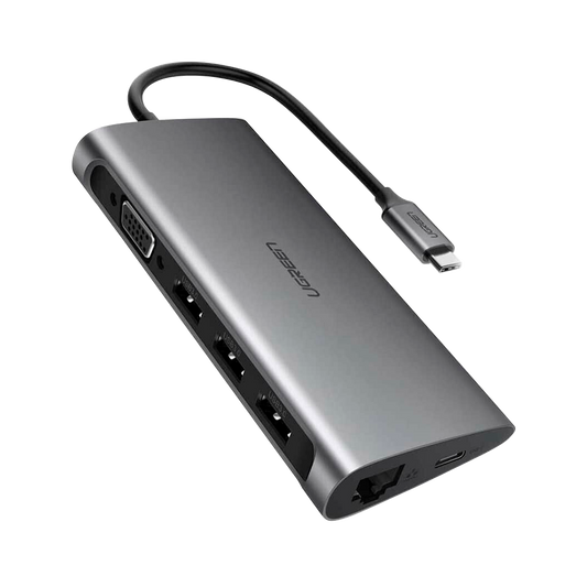 UGREEN Type C 8 in 1 Multifultion adaptor VGA/RJ45/USB3.0 x 3/SD/TF/TypeC PD Protocal Grey