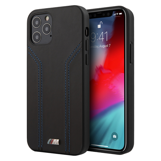 BMW Pu Leather M Collection With Double Stitched Blue Lines - iPhone 12 / iPhone 12 Pro Black