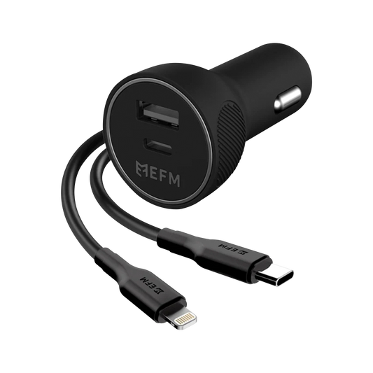 EFM 39W Dual Port Car Charger With Type C to Apple Lightning Cable - Black