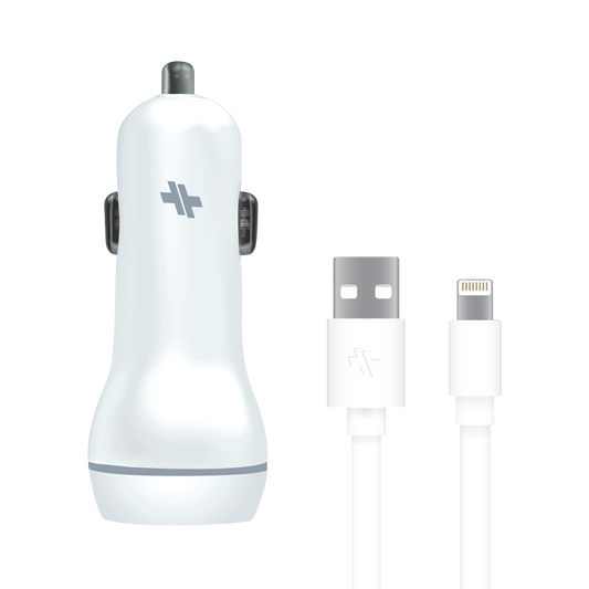 GeoSwiss Dual Port 3.4A Universal Car Charger with Lightning Cable (White)