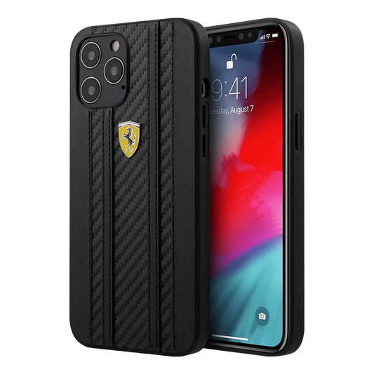 Ferrari Phone Case Pu Leather On Track Carbon Effect With Stripes - iPhone 12 Pro Max Black