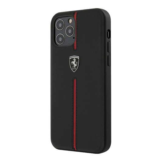 Ferrari Real Leather Hard Case Off Track With Contrasted Stitched Nylon Stripe - iPhone 12 / iPhone 12 Pro Black