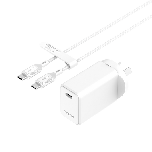 Mophie Essential 30W USB-C Wall Charger & C-C Cable Bundle, Power Delivery, 1C, White